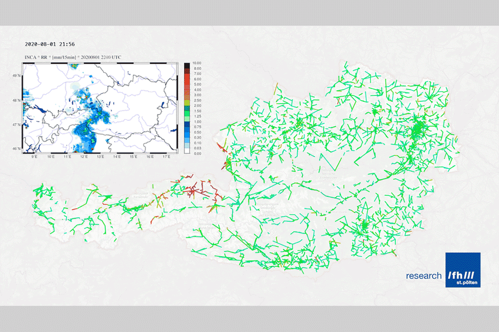 Landkarte von Österreich, in die Wetterdaten eingetragen sind