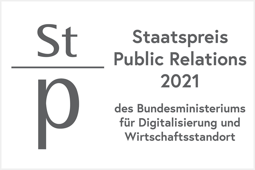 Text im Bild: Staatspreis Public Relations 2021 des Bundesministeriums für Digitalisierung und Wirtschaftsstandort