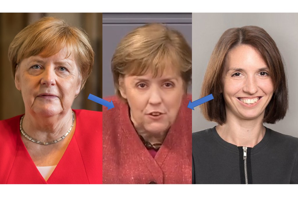 Copyright: picture on the left: Raimond Spekking; picture in the middle: deepfake created by students of the St. Pölten UAS based on: "Notbremse – Bundeskanzlerin Angela Merkel im Bundestag am 16.04.21" https://www.youtube.com/watch?v=gJbcyaw38Yo (phoenix.online) and visual material of Marlies Temper (St. Pölten UAS); picture on the right: St. Pölten UAS